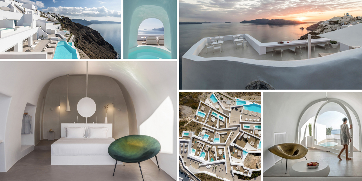 Hotel Saint na Santorini připomíná moderní jeskynní komplex